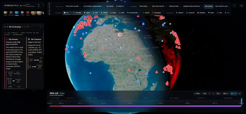 WorldTwin on a desktop screen. A globe turned to Africa, covered in markers for fires, floods and earthquakes, with a news panel on the left and a timeline below.